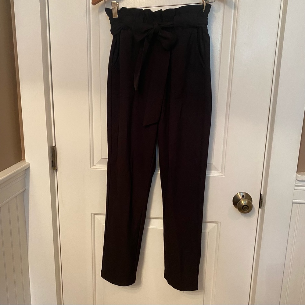 GRACE KARIN PANTS BLACK PAPER BAG WAIST TIE POCKETS HIGH RISE ANKLE SIZE S